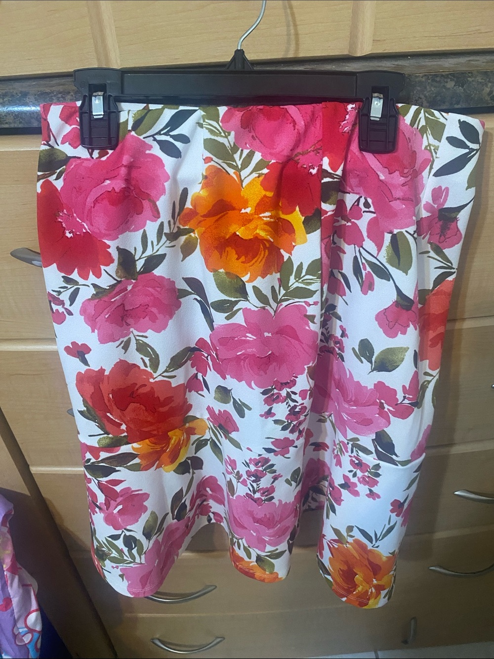 Tacera White Floral A-Line Skirt with Pink & Orange Blooms